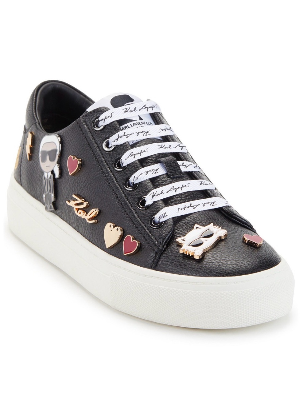 Karl Lagerfeld Black Leather Low-Top Sneaker with Gold and Red Accents